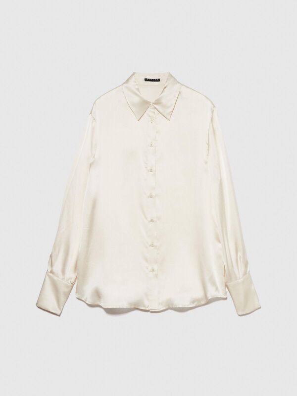 %100 İpek Arkası Uzun Regular Fit Gömlek Kadın Bej Gömlek - 324P5Q6WLQ05E