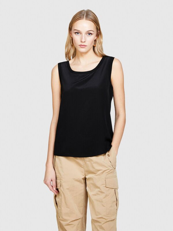 %100 İpek Bisiklet Yaka Kolsuz Bluz Kadın Siyah Bluz - 324P50OYLH010