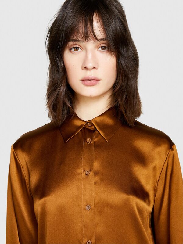 %100 İpek Regular Fit Gömlek Kadın Kahverengi Gömlek - 323A5Q6WLQ05E