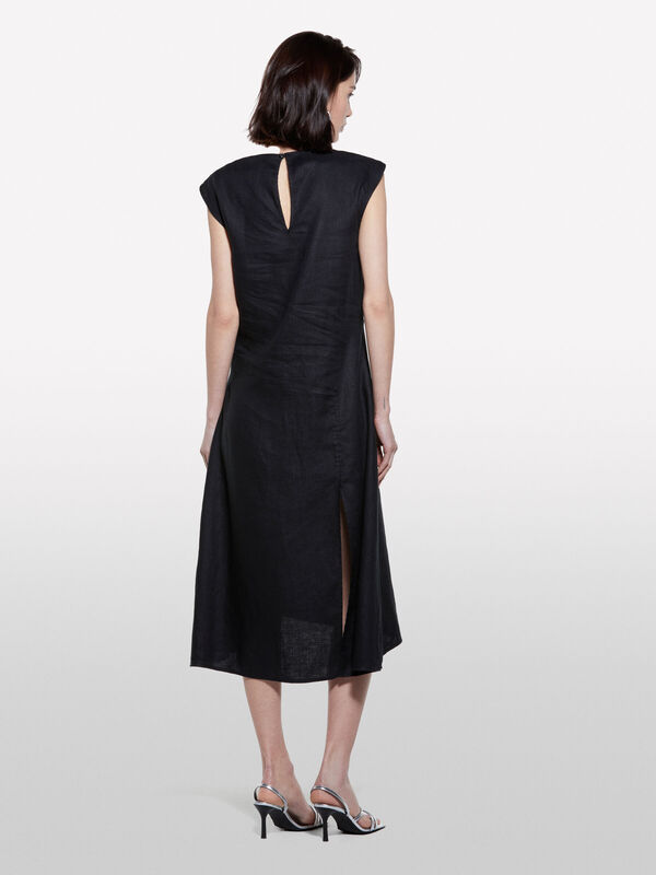 %100 Keten Asimetrik Etekli Dikiş Detaylı Uzun Elbise Kadın Siyah Elbise - 325P4AGHLV073