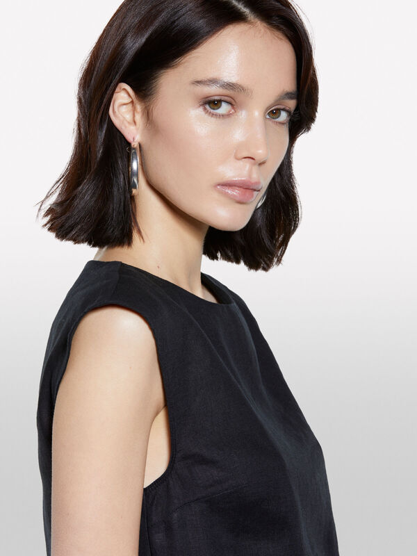 %100 Keten Asimetrik Etekli Dikiş Detaylı Uzun Elbise Kadın Siyah Elbise - 325P4AGHLV073