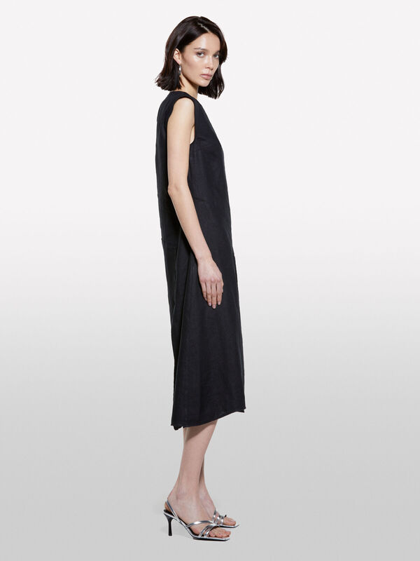 Sisley - %100 Keten Asimetrik Etekli Dikiş Detaylı Uzun Elbise Kadın Siyah Elbise - 325P4AGHLV073