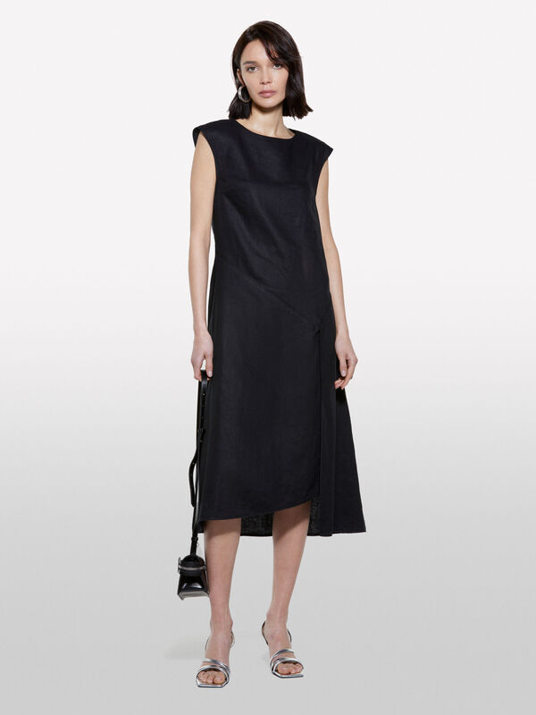 %100 Keten Asimetrik Etekli Dikiş Detaylı Uzun Elbise Kadın Siyah Elbise - 325P4AGHLV073