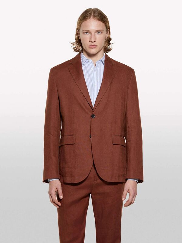 %100 Keten Astarsız Rahat Kalıp Ceket Erkek Kahverengi Ceket - 325P2AGHSW01Q