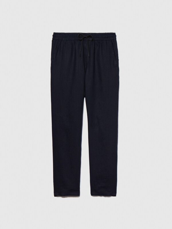 %100 Keten Beli Büzgülü İpli Slim Confort Fit Pantolon Erkek Lacivert Pantolon - 324P4AGHSF043