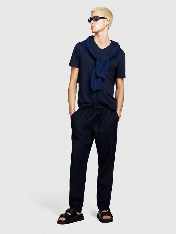 Sisley - %100 Keten Beli Büzgülü İpli Slim Confort Fit Pantolon Erkek Lacivert Pantolon - 324P4AGHSF043