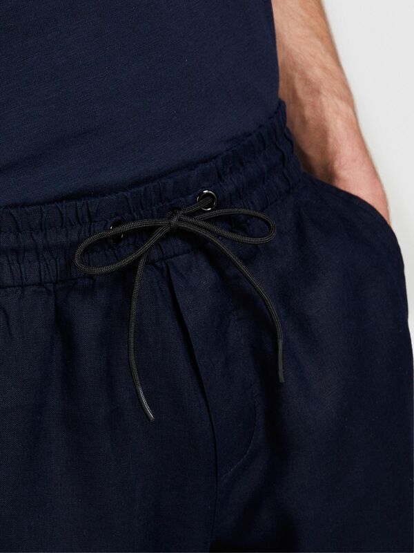 %100 Keten Beli Büzgülü İpli Slim Confort Fit Pantolon Erkek Lacivert Pantolon - 324P4AGHSF043