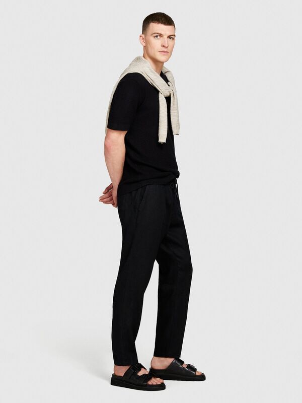 %100 Keten Beli Büzgülü İpli Slim Confort Fit Pantolon Erkek Siyah Pantolon - 324P4AGHSF043