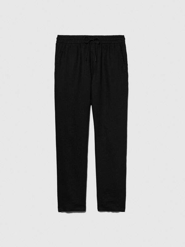 %100 Keten Beli Büzgülü İpli Slim Confort Fit Pantolon Erkek Siyah Pantolon - 324P4AGHSF043