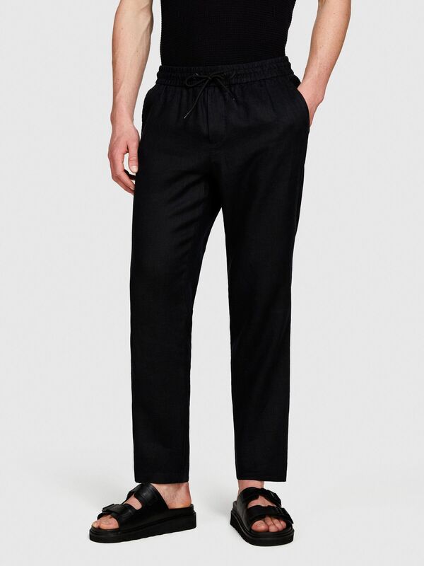 %100 Keten Beli Büzgülü İpli Slim Confort Fit Pantolon Erkek Siyah Pantolon - 324P4AGHSF043