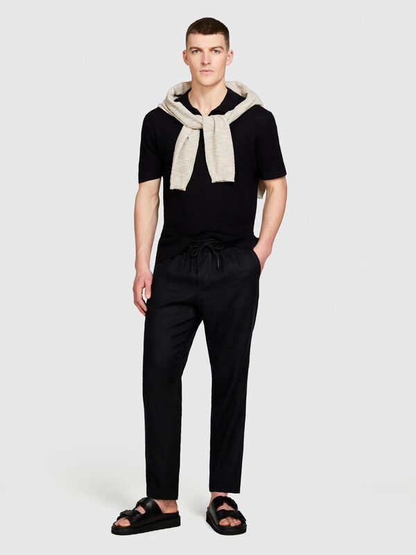 Sisley - %100 Keten Beli Büzgülü İpli Slim Confort Fit Pantolon Erkek Siyah Pantolon - 324P4AGHSF043