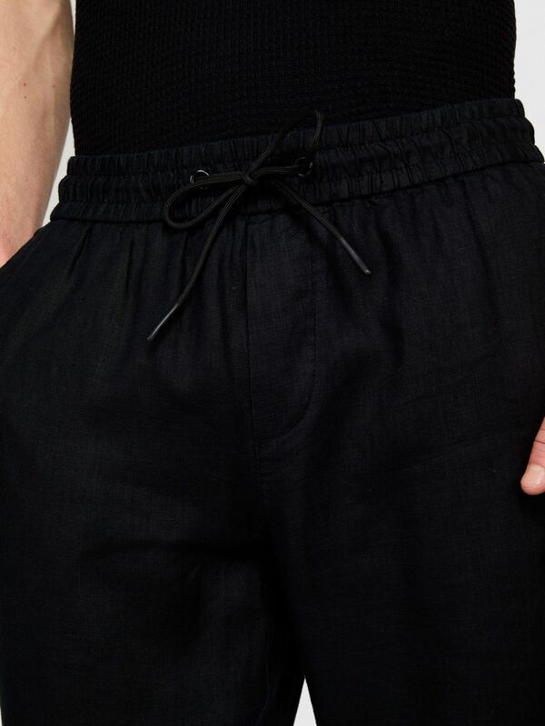 %100 Keten Beli Büzgülü İpli Slim Confort Fit Pantolon Erkek Siyah Pantolon - 324P4AGHSF043