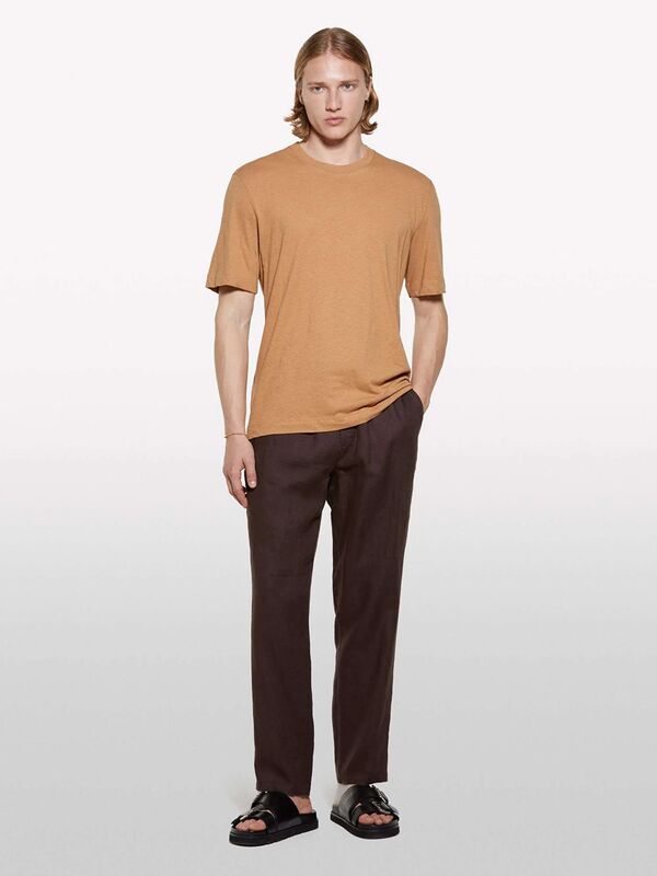 %100 Keten Beli Büzgülü İpli Slim Fit Pantolon Erkek kahverengi Pantolon - 325P4AGHSF043