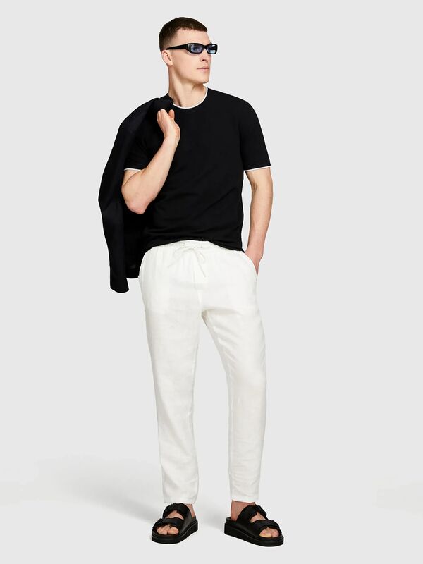 Sisley - %100 Keten Beli Büzgülü İpli Slim Fit Pantolon Erkek Kırık Beyaz Pantolon - 325P4AGHSF043