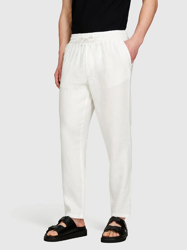 %100 Keten Beli Büzgülü İpli Slim Fit Pantolon Erkek Kırık Beyaz Pantolon - 325P4AGHSF043