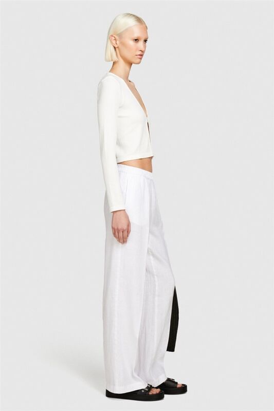 %100 Keten Beli Büzgülü Önü Pileli Geniş Paça Pantolon Kadın Beyaz Pantolon - 324P4AGHLF03U