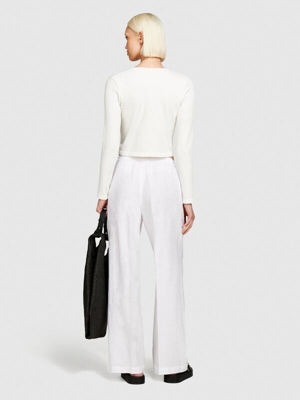 Sisley - %100 Keten Beli Büzgülü Önü Pileli Geniş Paça Pantolon Kadın Beyaz Pantolon - 324P4AGHLF03U