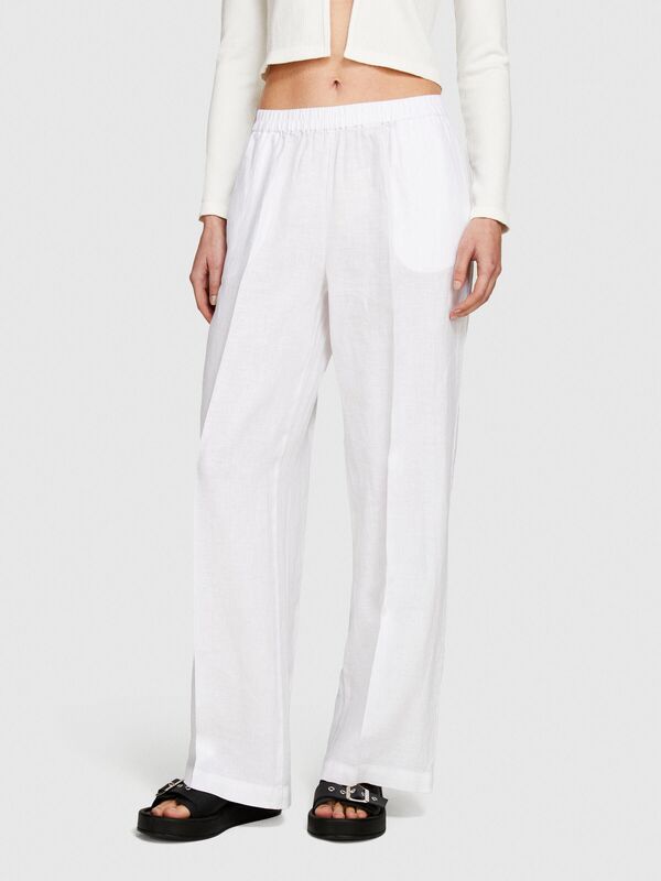 %100 Keten Beli Büzgülü Önü Pileli Geniş Paça Pantolon Kadın Beyaz Pantolon - 324P4AGHLF03U