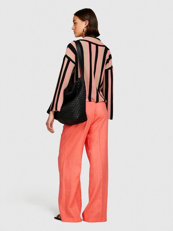 %100 Keten Beli Büzgülü Önü Pileli Geniş Paça Pantolon Kadın Düzenlenecek Pantolon - 324P4AGHLF03U