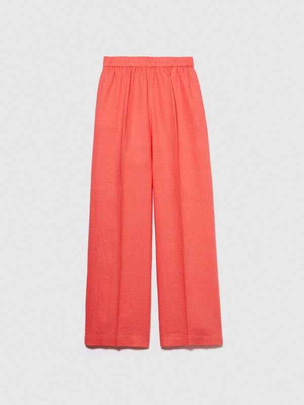 %100 Keten Beli Büzgülü Önü Pileli Geniş Paça Pantolon Kadın Düzenlenecek Pantolon - 324P4AGHLF03U