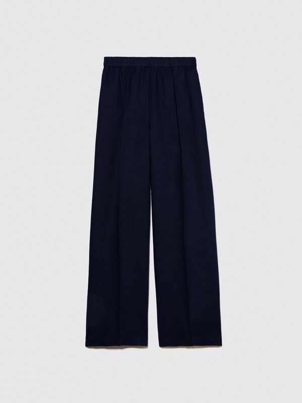 %100 Keten Beli Büzgülü Önü Pileli Geniş Paça Pantolon Kadın Lacivert Pantolon - 324P4AGHLF03U