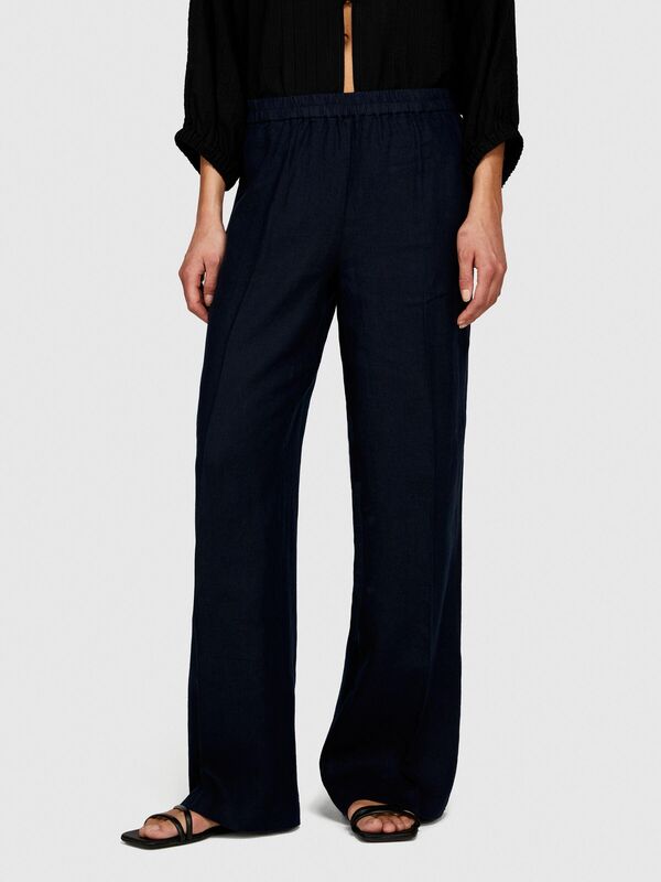 %100 Keten Beli Büzgülü Önü Pileli Geniş Paça Pantolon Kadın Lacivert Pantolon - 324P4AGHLF03U