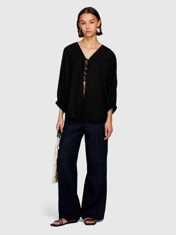 %100 Keten Beli Büzgülü Önü Pileli Geniş Paça Pantolon Kadın Lacivert Pantolon - 324P4AGHLF03U