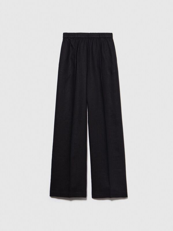 %100 Keten Beli Büzgülü Önü Pileli Geniş Paça Pantolon Kadın Siyah Pantolon - 324P4AGHLF03U