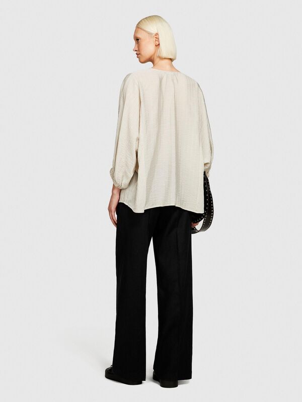 %100 Keten Beli Büzgülü Önü Pileli Geniş Paça Pantolon Kadın Siyah Pantolon - 324P4AGHLF03U