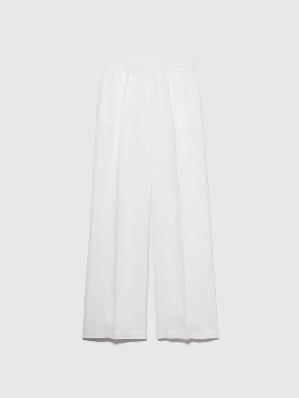%100 Keten Beli Lastikli Önü Pileli Geniş Paça Pantolon Kadın Beyaz Pantolon - 325P4AGHLF03U