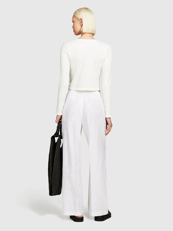 %100 Keten Beli Lastikli Önü Pileli Geniş Paça Pantolon Kadın Beyaz Pantolon - 325P4AGHLF03U