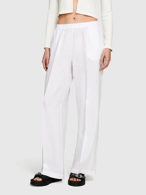 %100 Keten Beli Lastikli Önü Pileli Geniş Paça Pantolon Kadın Beyaz Pantolon - 325P4AGHLF03U
