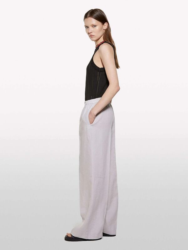 %100 Keten Beli Lastikli Önü Pileli Geniş Paça Pantolon Kadın Gri Pantolon - 325P4AGHLF03U