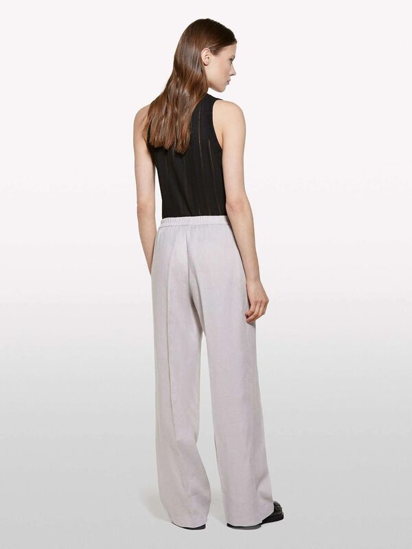 %100 Keten Beli Lastikli Önü Pileli Geniş Paça Pantolon Kadın Gri Pantolon - 325P4AGHLF03U