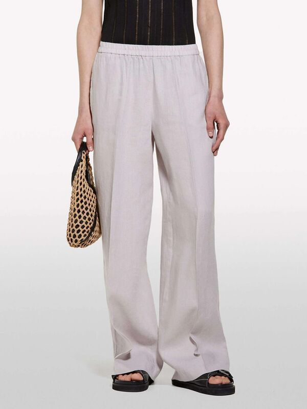 %100 Keten Beli Lastikli Önü Pileli Geniş Paça Pantolon Kadın Gri Pantolon - 325P4AGHLF03U