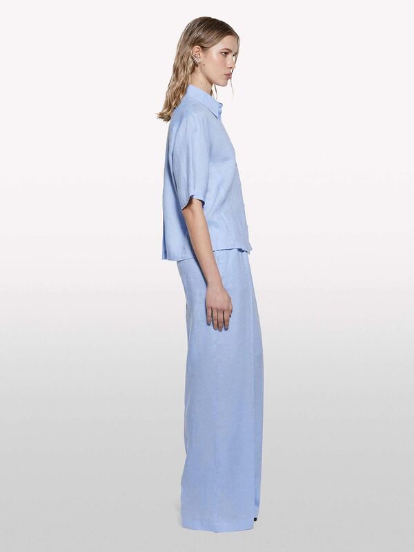 %100 Keten Beli Lastikli Önü Pileli Geniş Paça Pantolon Kadın Mavi Pantolon - 325P4AGHLF03U