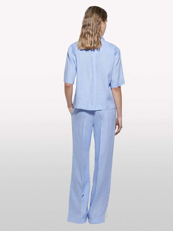 %100 Keten Beli Lastikli Önü Pileli Geniş Paça Pantolon Kadın Mavi Pantolon - 325P4AGHLF03U