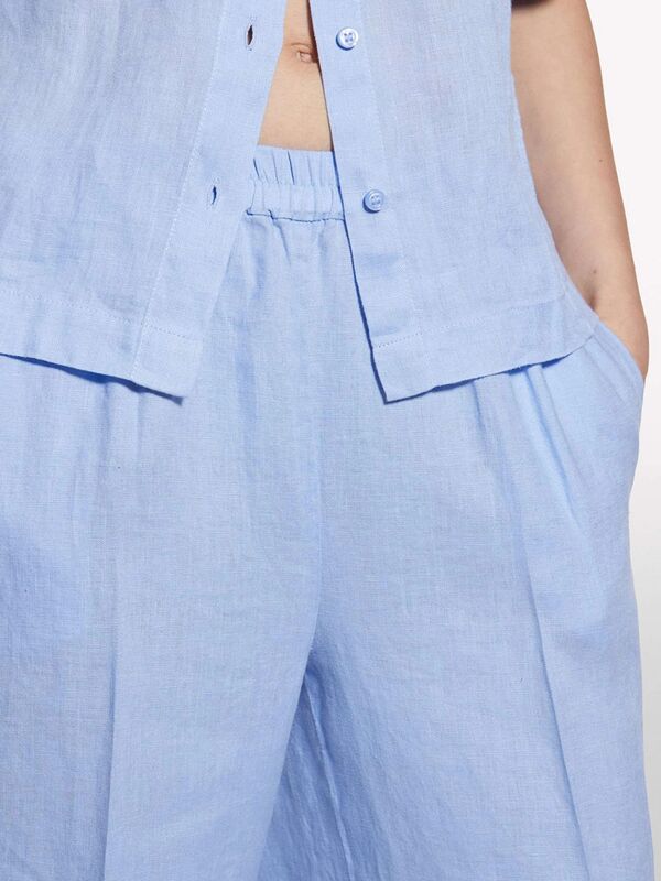 %100 Keten Beli Lastikli Önü Pileli Geniş Paça Pantolon Kadın Mavi Pantolon - 325P4AGHLF03U