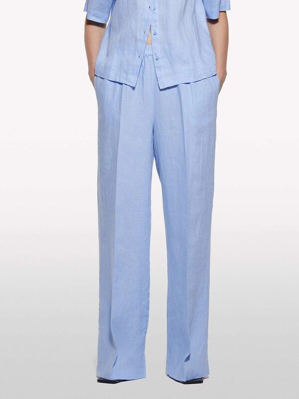 %100 Keten Beli Lastikli Önü Pileli Geniş Paça Pantolon Kadın Mavi Pantolon - 325P4AGHLF03U