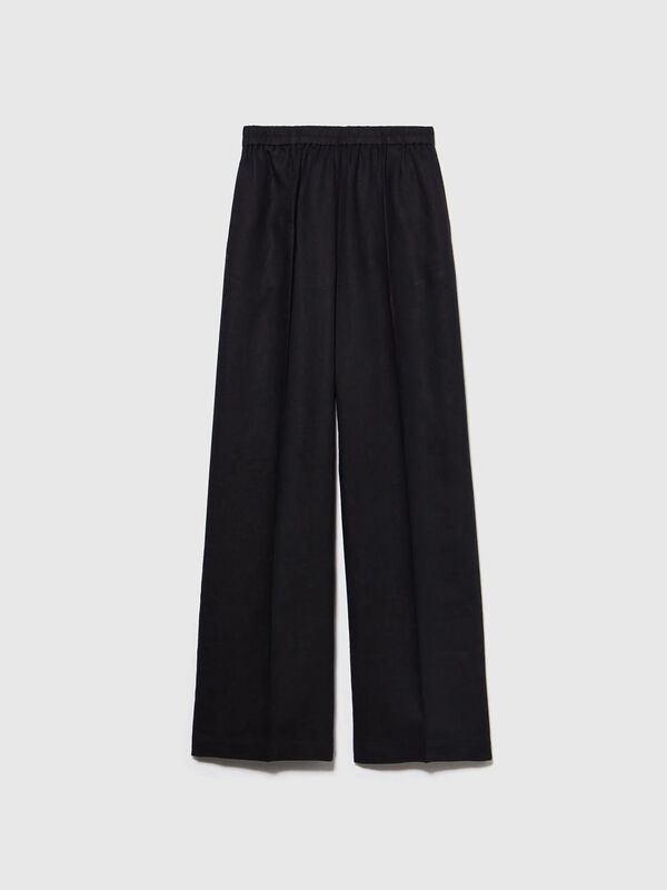 %100 Keten Beli Lastikli Önü Pileli Geniş Paça Pantolon Kadın Siyah Pantolon - 325P4AGHLF03U