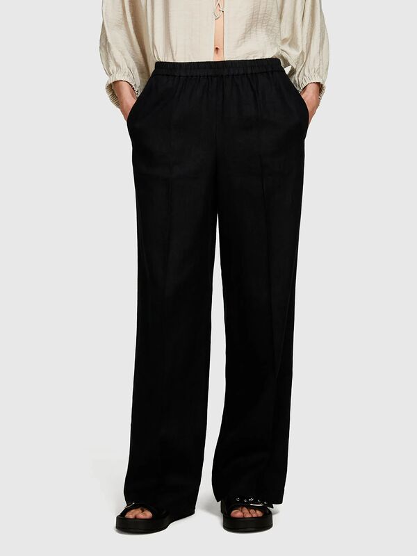 %100 Keten Beli Lastikli Önü Pileli Geniş Paça Pantolon Kadın Siyah Pantolon - 325P4AGHLF03U