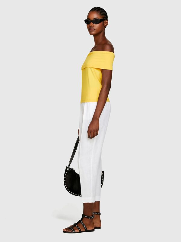 %100 Keten Beli Lastikli Önü Pileli Pantolon Kadın Beyaz Pantolon - 325P4AGHLF00S