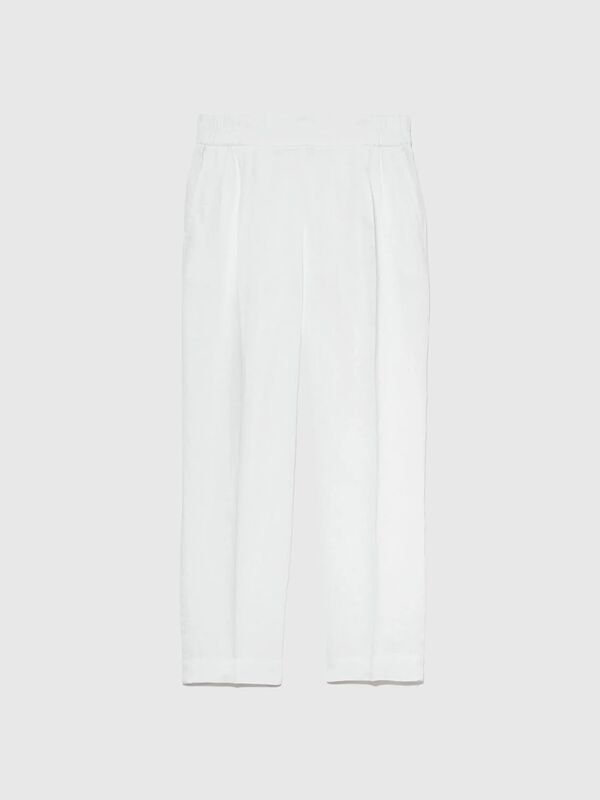 %100 Keten Beli Lastikli Önü Pileli Pantolon Kadın Beyaz Pantolon - 325P4AGHLF00S