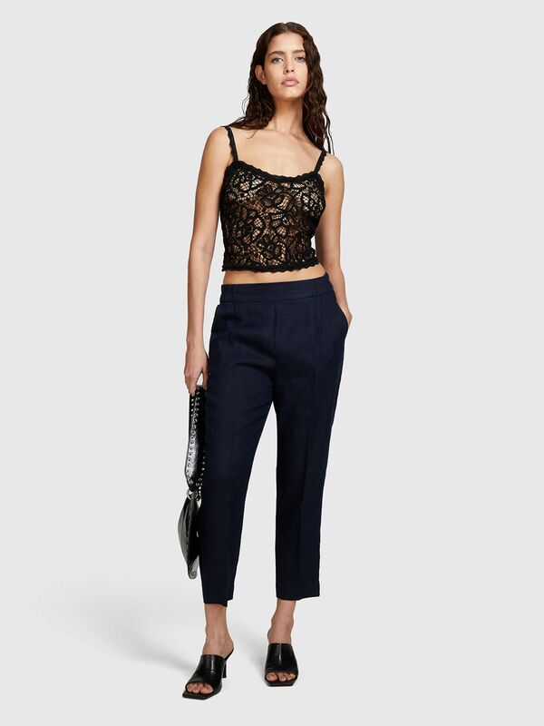 Sisley - %100 Keten Beli Lastikli Önü Pileli Pantolon Kadın Lacivert Pantolon - 325P4AGHLF00S