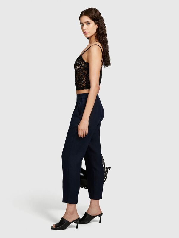 %100 Keten Beli Lastikli Önü Pileli Pantolon Kadın Lacivert Pantolon - 325P4AGHLF00S