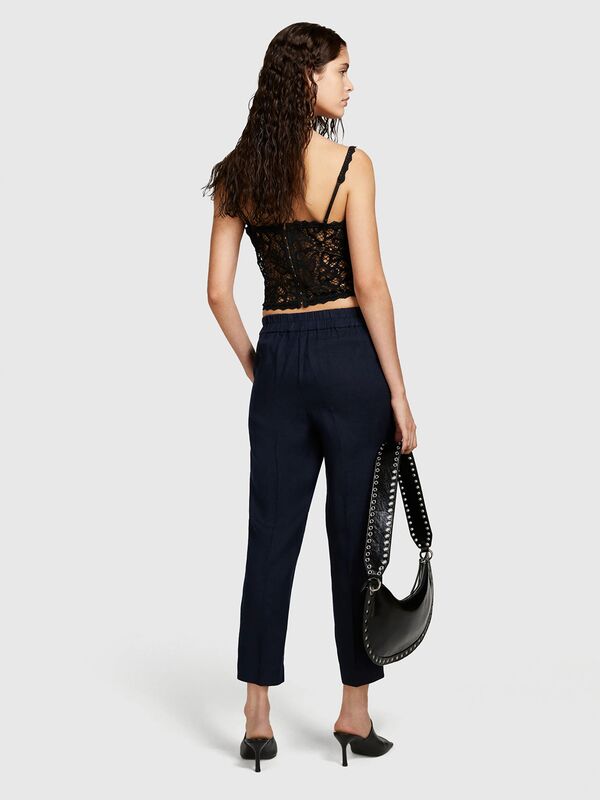 %100 Keten Beli Lastikli Önü Pileli Pantolon Kadın Lacivert Pantolon - 325P4AGHLF00S