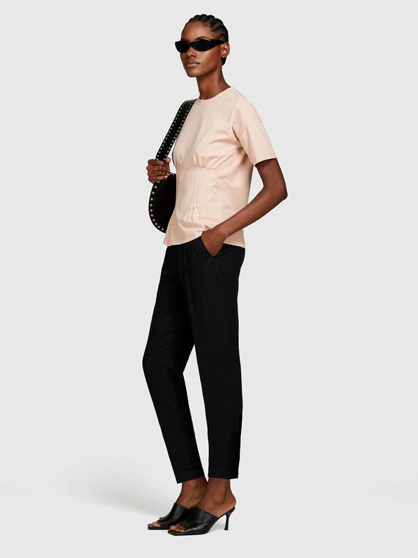 %100 Keten Beli Lastikli Önü Pileli Pantolon Kadın Siyah Pantolon - 325P4AGHLF00S