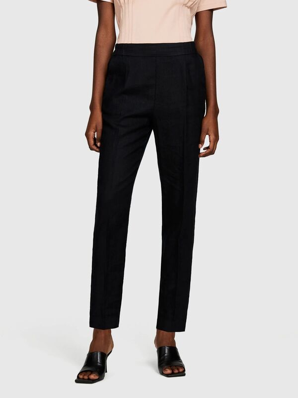 %100 Keten Beli Lastikli Önü Pileli Pantolon Kadın Siyah Pantolon - 325P4AGHLF00S