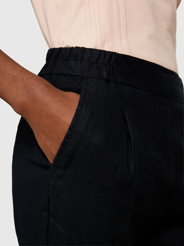 %100 Keten Beli Lastikli Önü Pileli Pantolon Kadın Siyah Pantolon - 325P4AGHLF00S