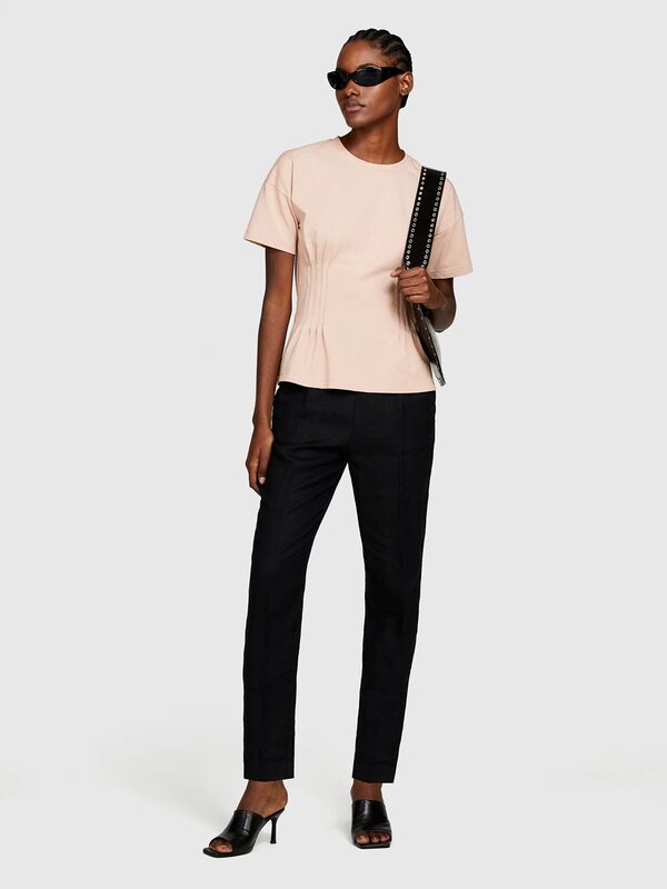 Sisley - %100 Keten Beli Lastikli Önü Pileli Pantolon Kadın Siyah Pantolon - 325P4AGHLF00S